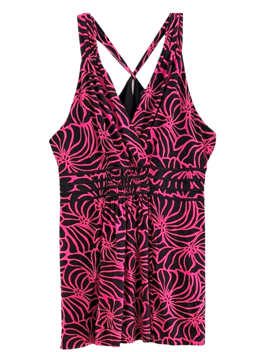 INC Pink Black Palm Floral Camisole Smock Empire Waist Criss Cross Back Size XL